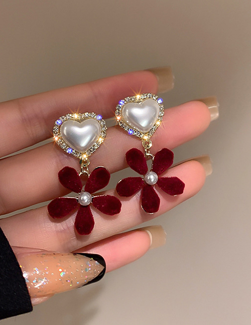 Fashion Burgundy Flowers Flocking Flower Love Pearl Stud Earrings