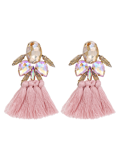 Fashion Pink Alloy Diamond Drop Tassel Stud Earrings