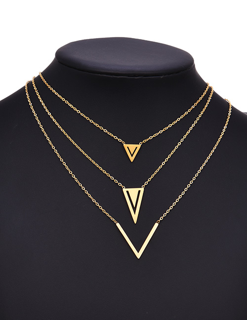 Fashion Gold Titanium Steel Triangle Pendant Multilayer Necklace