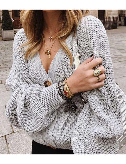 Fashion Grey V-neck Button Knit Cardigan