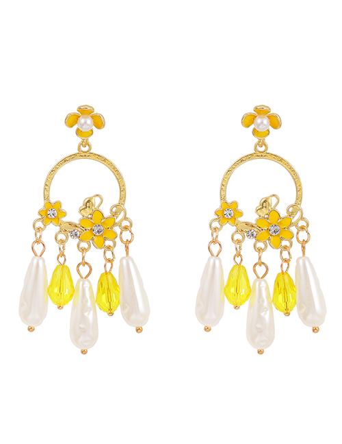 Fashion Yellow Alloy Flower Pearl Tassel Stud Earrings