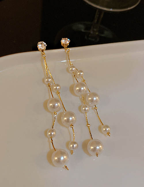 Fashion Gold Color Zircon Pearl Tassel Stud Earrings