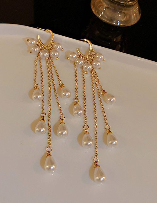 Fashion Gold Color Pearl Tassel Silver Pin Stud Earrings