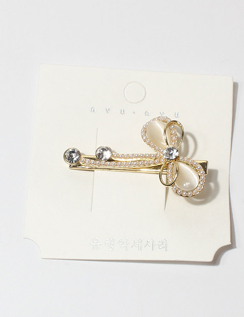 Fashion F13830 Metallic Diamond Bow Pearl Hairpin