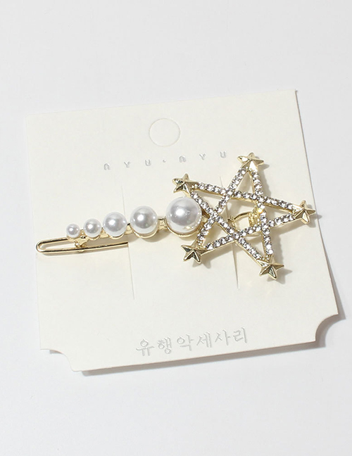 Fashion F13850 Metallic Diamond Five-pointed Star Pearl Hairpin