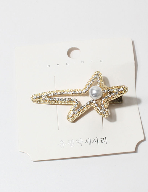 Fashion F13860 Metallic Diamond Five-pointed Star Pearl Hairpin
