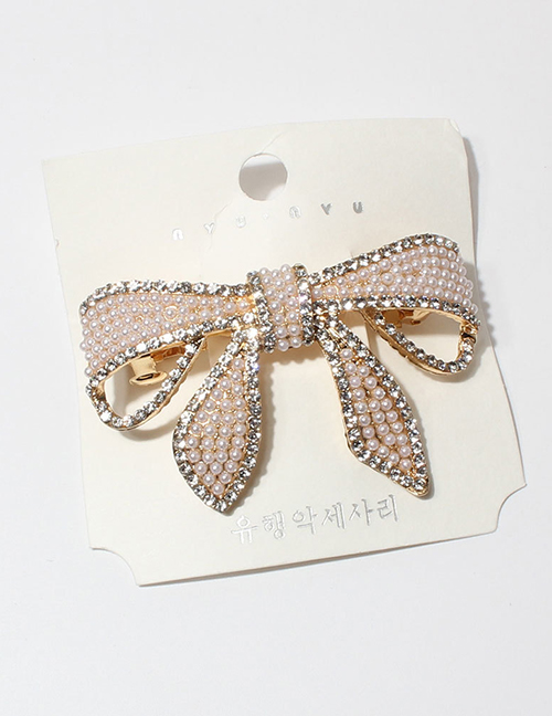 Fashion F13910 Metallic Diamond Bow Pearl Hairpin