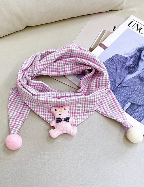 Fashion Pink Plaid Bear 2-12 Years Old Children's Cartoon Print Triangle Scarf (2-12 Years Old)