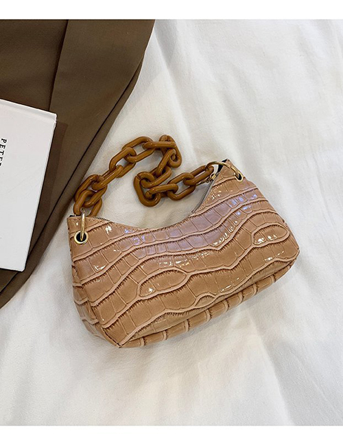 Fashion Khaki Pu Stone Pattern Chain Handbag