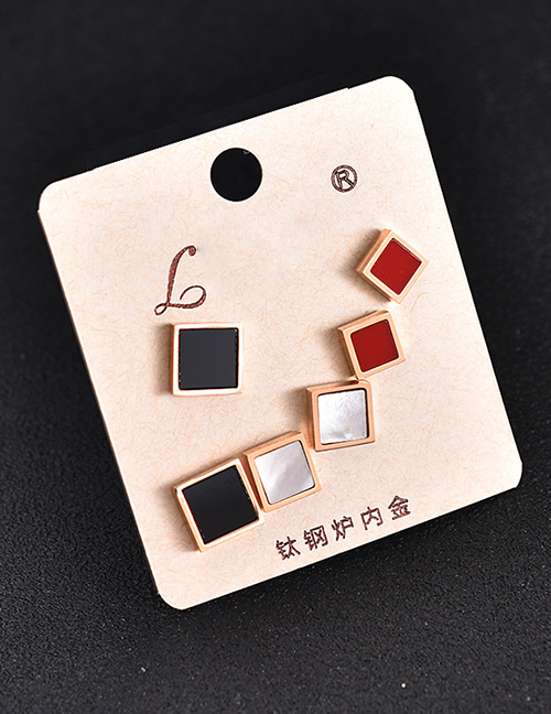 Fashion Three-color Square Titanium Steel Geometric Square Earring Set