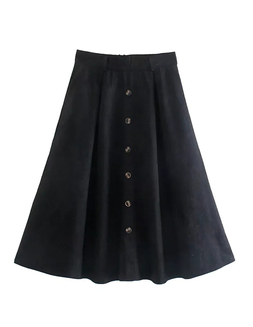 Fashion Black Suede Breasted High-waist Umbrella Skirt