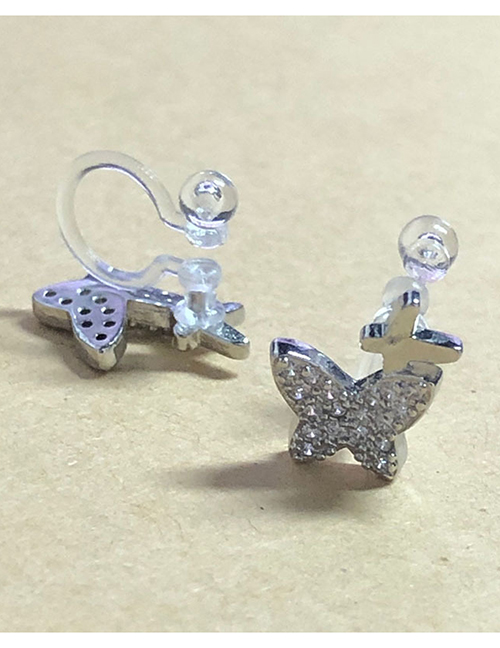 Fashion Pair Of Silver Color Color Double Butterflies-ear Clips Copper And Diamond Butterfly Ear Clips