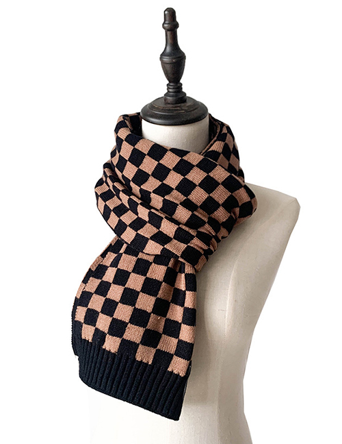 Fashion Brown Wool Knitted Chessboard Scarf
