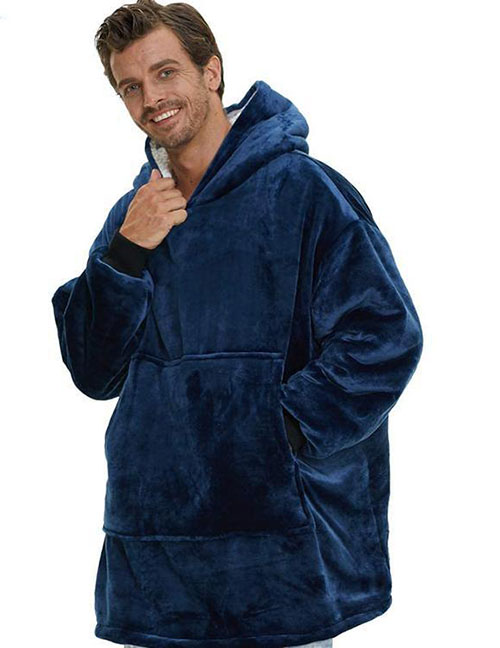 Fashion Blue Flannel Hooded Pullover Nightgown