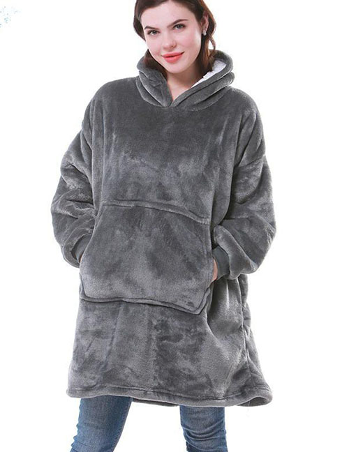 Fashion Grey Flannel Hooded Pullover Nightgown