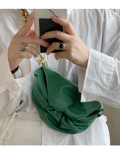 Fashion Dark Green Soft Leather Folds Thick Chain Diagonal Cloud Bag
