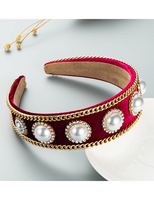 Fashion Red Rhinestone Pearl Chain Wide Brim Headband