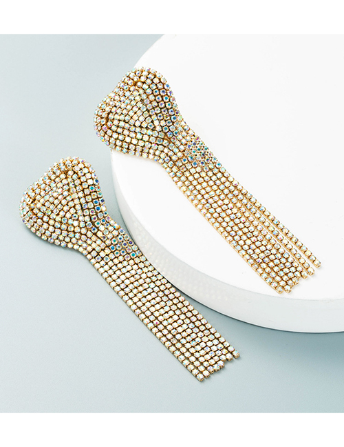 Fashion Ab White Geometric Full Diamond Heart-shaped Chain Earrings