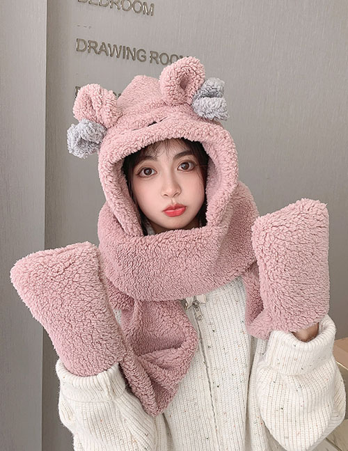 Fashion Pink Plush Ears Hooded Scarf Gloves One Three-piece Set  Cashmere
