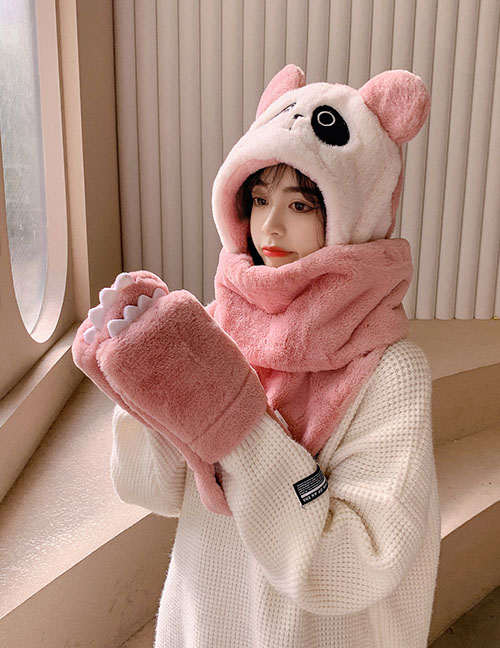 Fashion Pink Plus Velvet Embroidery Panda Scarf Gloves Three-piece Set