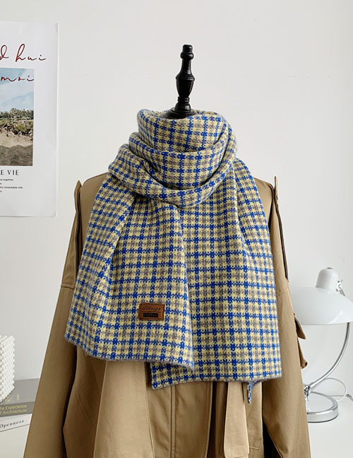 Fashion Blue Rice Knitted Grid Wide Scarf  Fleemere