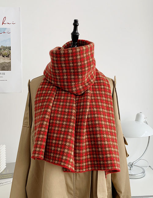Fashion Big Red Knitted Grid Wide Scarf  Fleemere