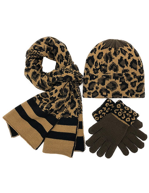 Fashion Leopard Print-suit Leopard Print Woolen Knitted Gloves And Scarf Set
