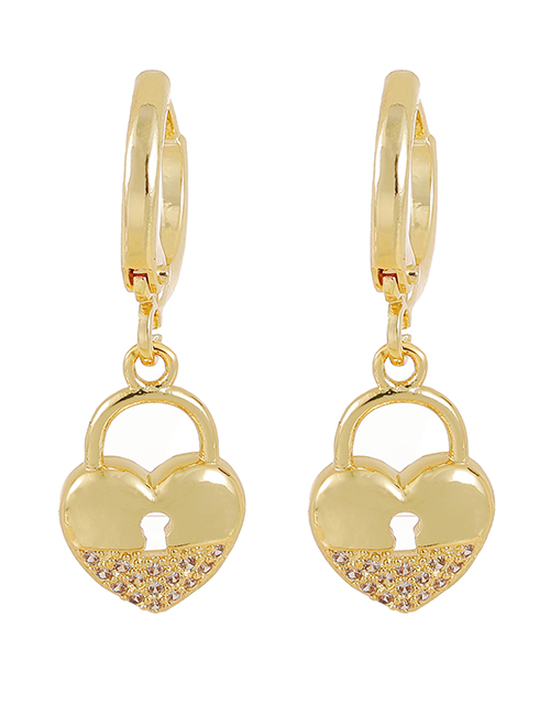 Fashion Gold Copper Inlaid Zircon Heart Lock Earrings