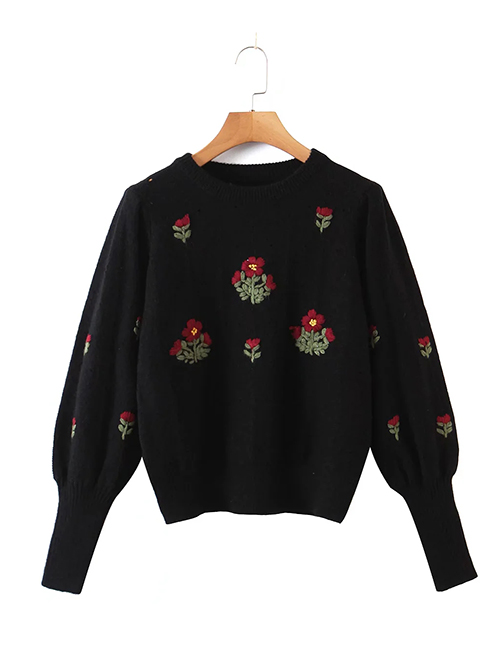 Fashion Black Retro Embroidered Puff Sleeve Sweater