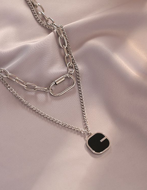 Fashion Silver Color Titanium Steel Square Brand Double-layer Necklace