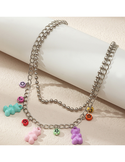 Fashion Color Resin Bear Round Bead Chain Double Necklace