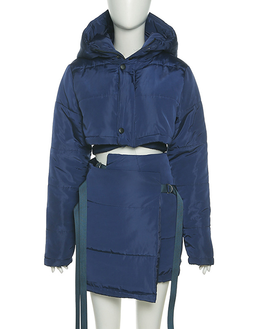 Fashion Blue Single-breasted Hooded Cotton High Hip Skirt Suit
