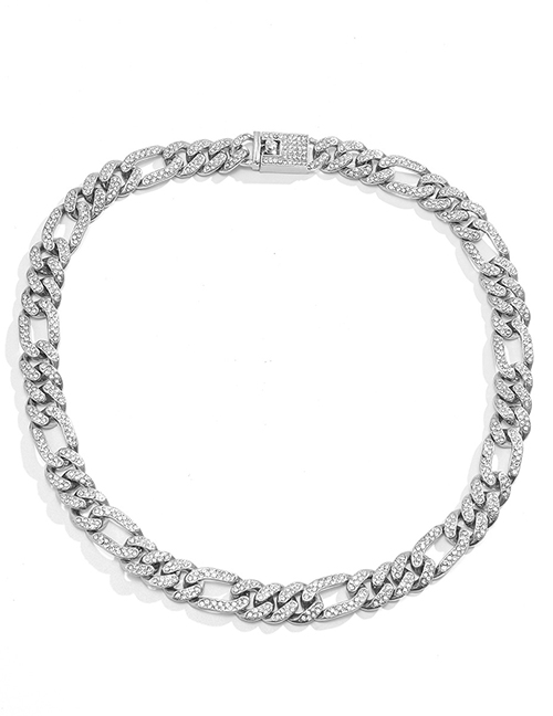 Fashion White K Geometric Full Diamond Cuban Chain Necklace