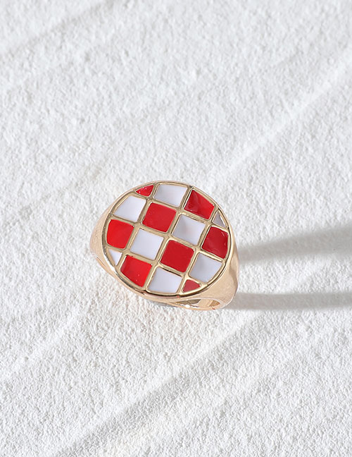 Fashion Red Oil Drop Checkerboard Round Ring
