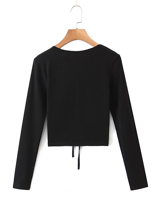 Fashion Black Round Neck Blouse With Back Tie