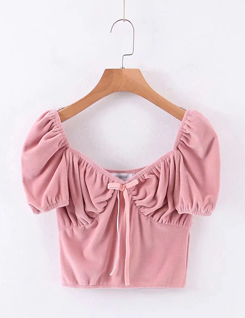 Fashion Pink Velvet Knotted Square Neck Pleated Top