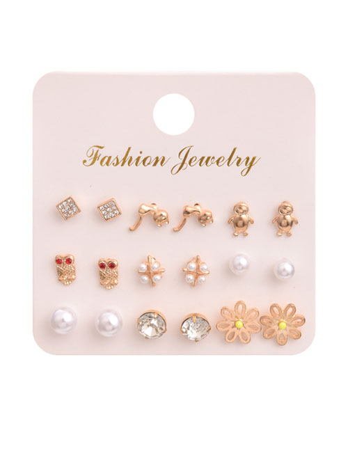 Fashion Gold Color Alloy Diamond Flower Owl Geometric Stud Earring Set