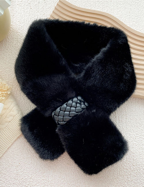 Fashion Black Woven Leather Button Plush Scarf