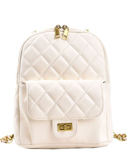 Fashion White Diamond Lock Zip Backpack