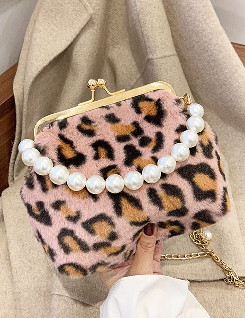 Fashion Pink Plush Leopard-print Pearl Tote Shell Bag