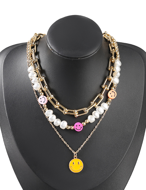 Fashion Gold Color Alloy Pearl Beaded Smiley Multilayer Necklace