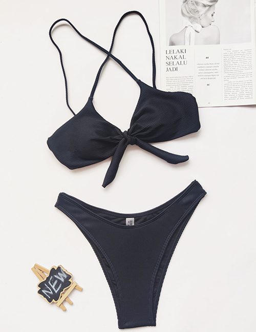 Fashion Black Lace-up Bow Split Swimsuit