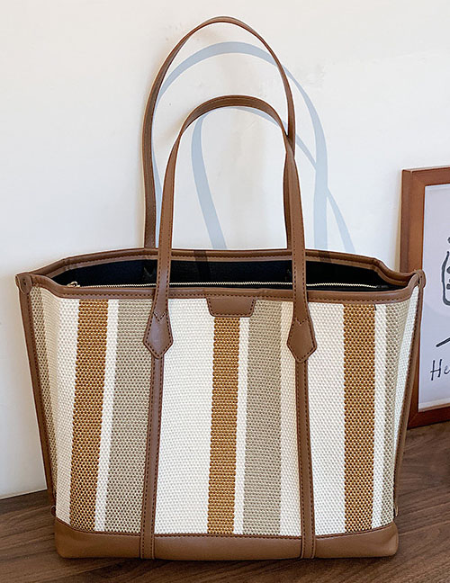 Fashion Khaki Large Capacity Striped Handbag