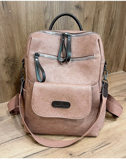 Fashion Pink Soft Leather Large-capacity Zip Backpack