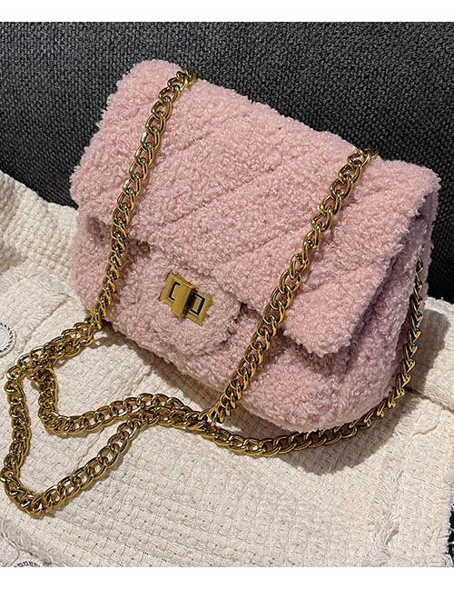 Fashion Pink Plush Rhombus Lock Crossbody Bag