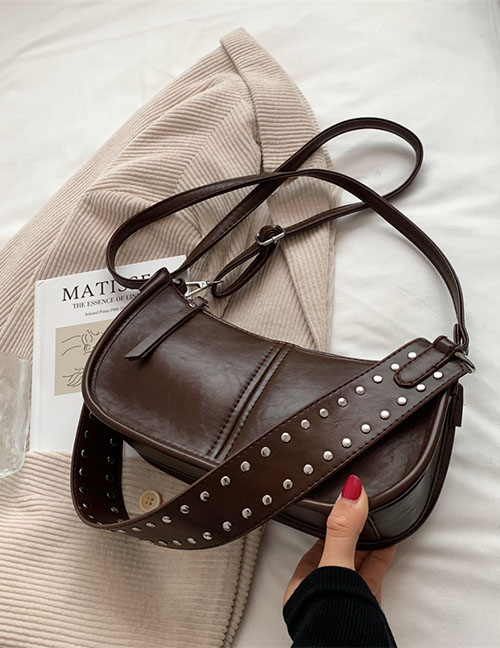Fashion Modern Coffee Wide Shoulder Strap Rivet Portable Messenger Bag