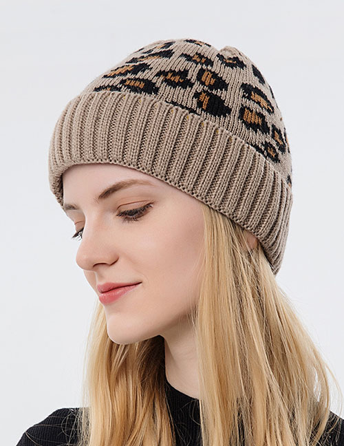 Fashion Khaki Leopard-print Knitted Hollow Top Hat