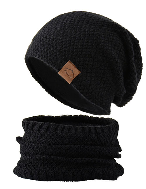 Fashion Black Woolen Knitted Label Scarf Set