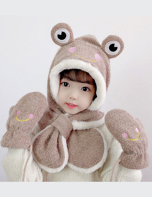 Fashion Khaki Children's Frog Gloves Scarf Hat Three-piece Set