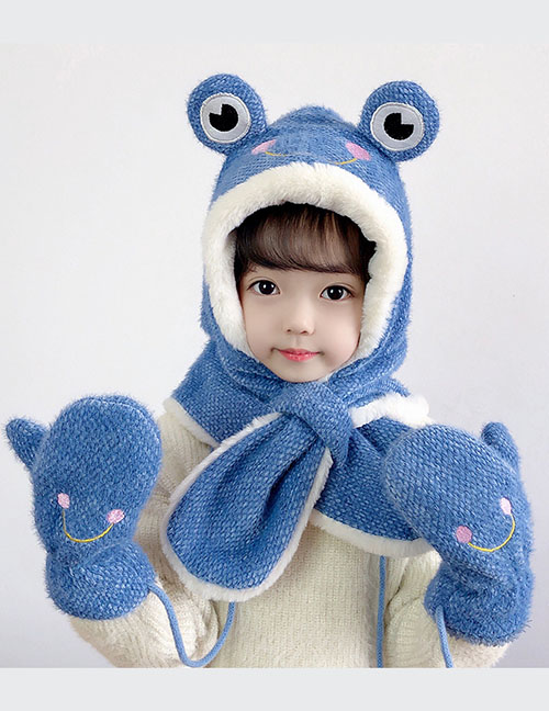 Fashion Blue Children's Frog Gloves Scarf Hat Three-piece Set